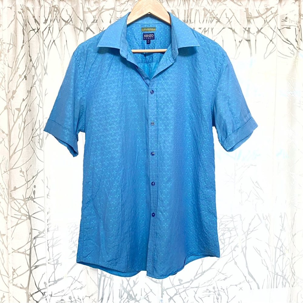 Authentic KENZO HOMME Slim Fit blue print collar button up short sleeve shirt